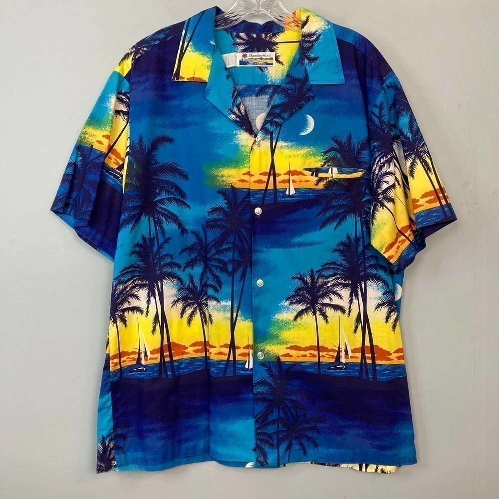 𝅺vintage Shoreline Hawaii Blue Beach Sunset Cotton Button Up Shirt Men's Size XL